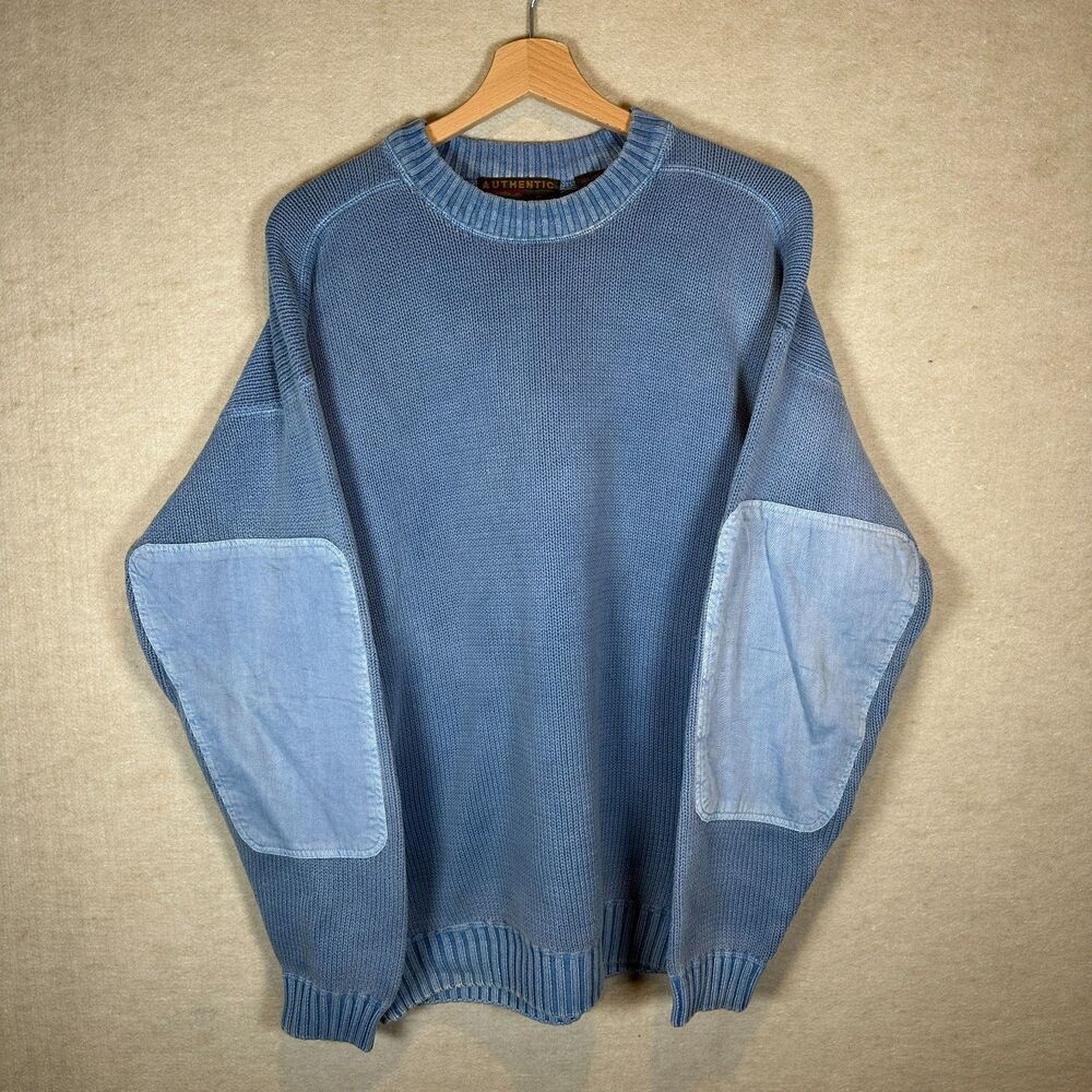 Vintage 90s Authentic Issue Sweater Mens Medium Blue Cotton Knit Elbow Patch